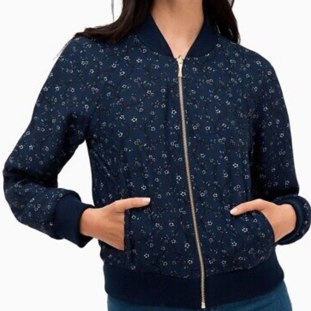 Kate Spade Out West Wild Roses Reversible Bomber Jacket Navy Floral Blue NWOT